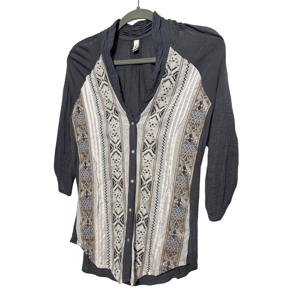 Anthropologie Tiny Embroidered Button Down 3/4 Sleeve Top Gray Size Small
